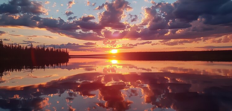A stunning sunset reflecting over a calm Canadian lake.