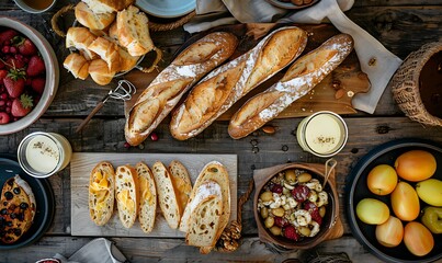 An overhead shot featuring sliced French baguettes and various organic pastries on a wooden table, showcasing a delicious breakfast spread
