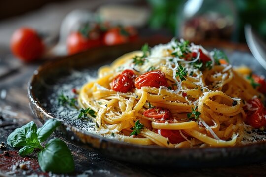 Pasta. Spaghetti with tomato sauce and mozzarella. Spaghetti. Pasta. Delicious appetizing classic spaghetti pasta. Italian Food Concept with Copy Space.