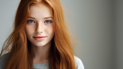 Portrait of a smiling cheerful teenage girl with long red hair and perfect skin, gray background, banner.