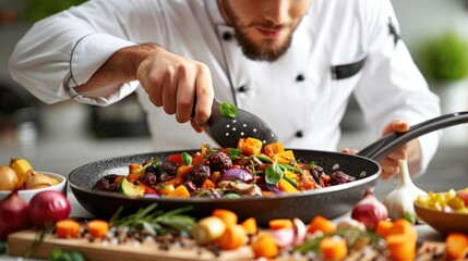 Wall Mural - A chef stirs a pan of colorful vegetables