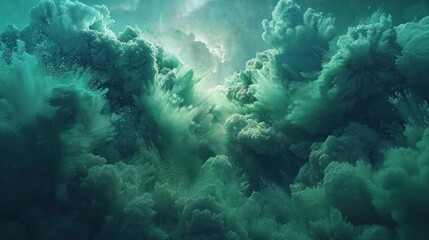 Wall Mural - A breathtaking view of swirling, emerald clouds reaching towards a celestial light source
