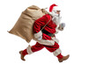 © Sodapeaw - Santa Claus in traditional red outfit running with a large sack full of gifts, isolated on transparent background.