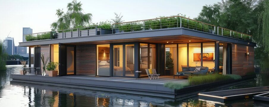 Modern houseboat with rooftop deck.