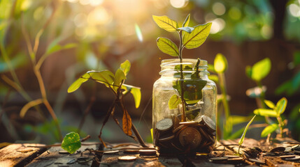 Wall Mural - A jar filled with coins and a plant