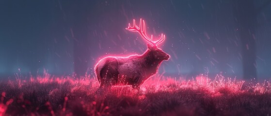 Neon-illuminated silhouette of an elk in the meadow