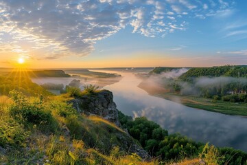 Wall Mural - Tranquil summer sunrise panorama with river, fog, and sun on a beautiful sunny day