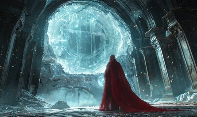 A man in a red cloak looks at a cyber portal to the other world, wishing to return to his own time