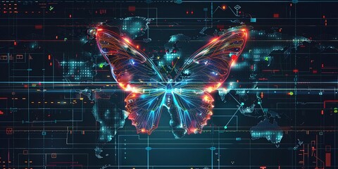 Wall Mural - a blue butterfly with a map of the world on it's wings
