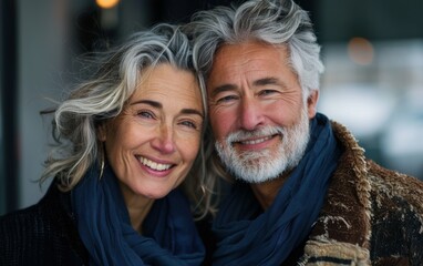 a couple is smiling and posing for a picture. the woman is wearing a blue scarf and the man is weari