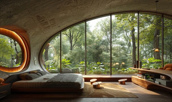 Hotel interior design, warm space, large floor to ceiling windows, forest outside the window, futuristic design