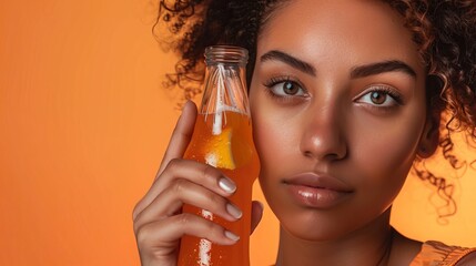 Wall Mural - Close-up of a woman holding a bottle of drink against an orange background. 