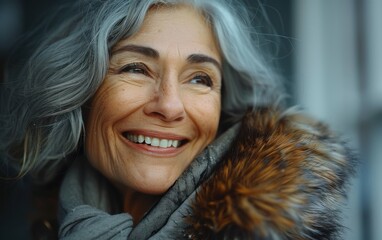 Wall Mural - A woman with gray hair and a fur coat is smiling. She is wearing a scarf and has a smile on her face