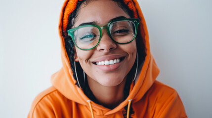 Wall Mural - Smiling Brazilian woman in an orange hoodie with glasses posing on a white background. Lifestyle.