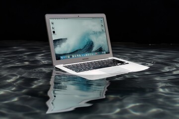 A modern laptop half-submerged in water at night, with its screen illuminated, creating a surreal scene