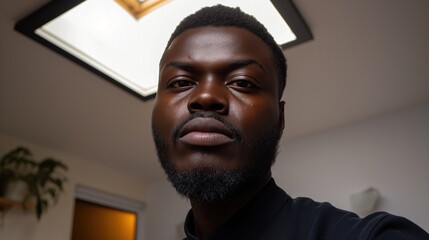 Wall Mural - A close-up portrait of a young Black man with a serious expression, captured indoors