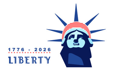 Statue of Liberty Presentation. Statue Liberty portrait, blue and red design, USA flag color. US holiday. 1776-2026 National symbol of America New York, banner, flyer advertising. Vector illustration