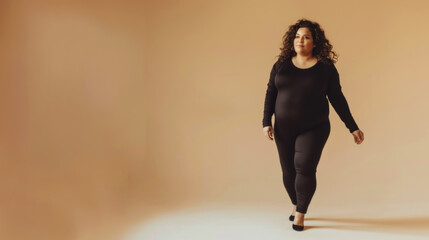 Wall Mural - Portrait of an overweight Hispanic woman posing against a plain background in the studio. An overweight woman looks at the camera indoors. Body positivity concept.
