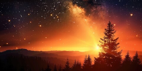 Wall Mural - shoot for the stars. sunset silhouette of trees with sky background
