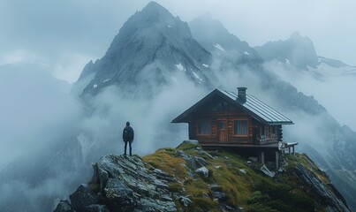 Wall Mural - A man stands outside a hut in the middle of a mountain peak