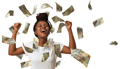 Poster - Kenyan shilling notes falling, raining on young black African woman with braids excited amazed suprised jubilating with hands in the air, winner celebration over transparent background, copy space