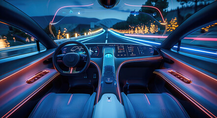 Wall Mural - Inside car design, ultra-high-definition display, flexible screen, thin and light design, touch technology. Futurism, smart surface, LED lighting. Autonomous driving. Generative AI.