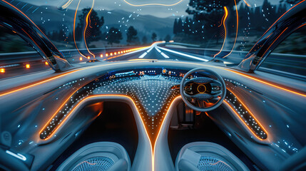 Poster - Inside car design, ultra-high-definition display, flexible screen, thin and light design, touch technology. Futurism, smart surface, LED lighting. Autonomous driving. Generative AI.