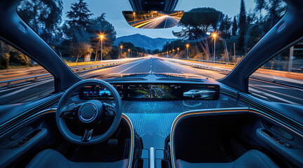 Poster - Inside car design, ultra-high-definition display, flexible screen, thin and light design, touch technology. Futurism, smart surface, LED lighting. Autonomous driving. Generative AI.