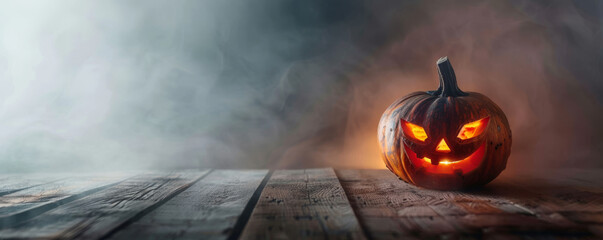 A scary Halloween pumpkin with an evil face and eyes on a wooden table against a background of smoke and fog. Halloween background. Jack-o-lantern.