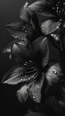 Wall Mural - Black lilies in drops of water on black background