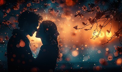 True love, silhouette of a couple among petals, magic lights and hearts, the concept of true love