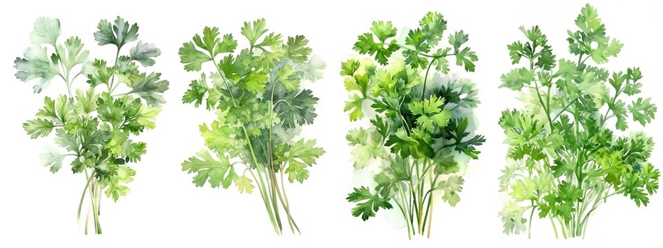Watercolor set collection with green parsley sprig and leaves isolated on a white background. Healthy food and seasoning. AI generated illustration.