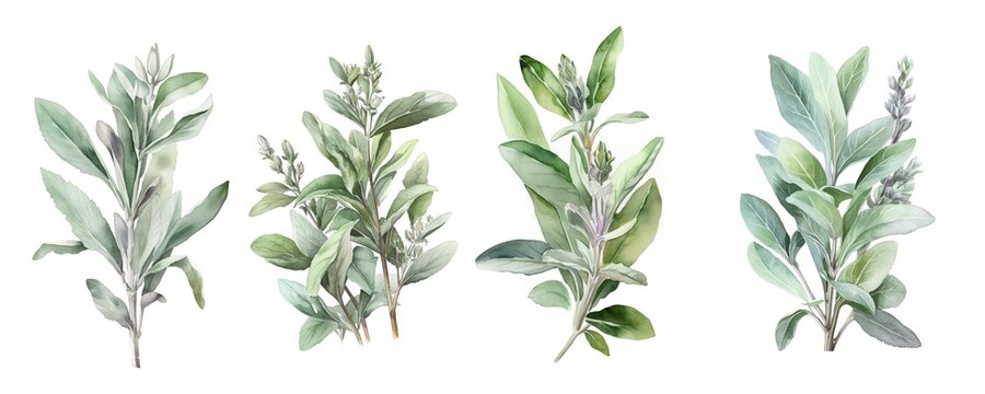 Watercolor set collection with green sage sprig and leaves isolated on a white background. Healthy food and seasoning. AI generated illustration.