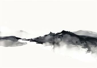 Wall Mural - This abstract watercolor painting uses Japanese ink wash techniques. The mountains of the lake are silhouetted behind the lake. Grey tones. Atmospheric calm moment. There is room for text, cards, and