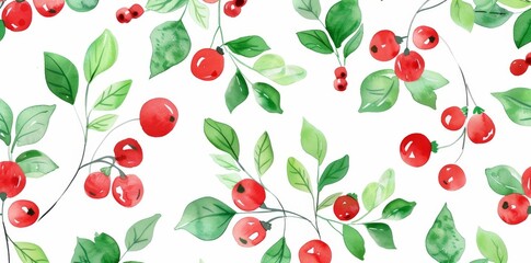 Wall Mural - Floral seamless pattern. Hand drawn silhouettes of green twigs with red berries. Watercolor-style floral ornament.