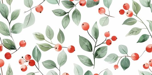 Wall Mural - Hand-drawn silhouette of a green twig and red berry. Floral ornament for fabrics, gift wrapping, wallpaper.