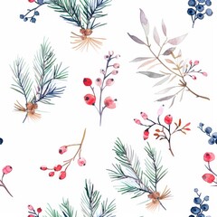 Wall Mural - The seamless pattern features silhouettes of twigs with berries, firs, and spruces. It is suitable for web, wrapping paper, greeting cards, fabrics, wallpaper, and other projects.