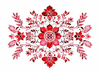 Wall Mural - Naive, infantile art style with red watercolor seamless pattern. Hand drawn watercolor embroidery with Ukrainian folk ornaments with Tokay motif.