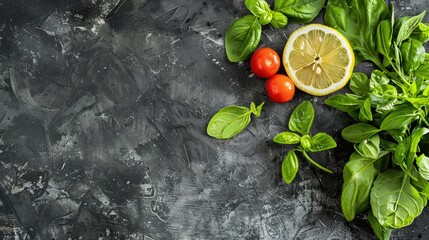 Wall Mural - Vegetables on a blackboard with a lemon slice top view with copy space