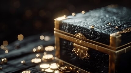Detailed medieval treasure chest adorned with rich gold banding, set on a weathered wooden board, scattered precious jewels and ancient coins add to the historical ambiance, soft light casting shadows