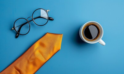 A meticulously arranged gift set featuring a stylish tie, a cup of coffee, and sleek glasses on a blue background, highlighting elegance and appreciation
