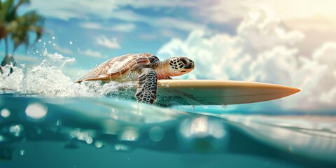 Wall Mural - Turtle riding surfing board. Ai generative art