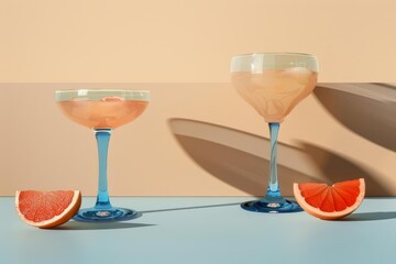 Elegant glasses of grapefruit drink, sunny minimalistic background, contrasting beige and blue, digital art with high detail