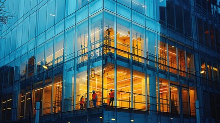Poster - An construction workers working at a beautiful, modern commercial building at evening. Generative AI.