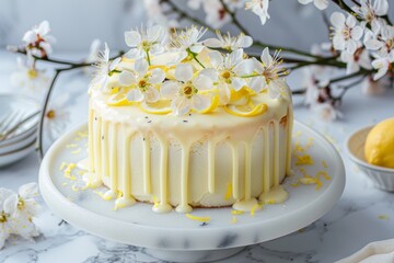 Wall Mural - Homemade lemon cake with white glaze and zest on marble with plum blossoms Close up