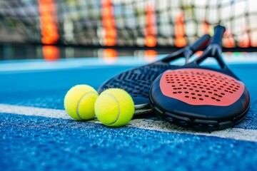 Wall Mural - A pair of padel tennis rackets and balls resting against a net on a blue court. The equipment is positioned close to the camera, with the court and net slightly blurred in the background