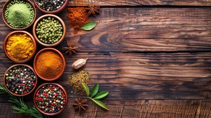 Spices on wooden background Blending Indian traditions and modern wellness trend