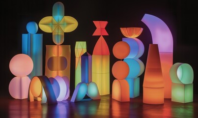 Wall Mural - illustration of geometric figures illuminated by colorful lights