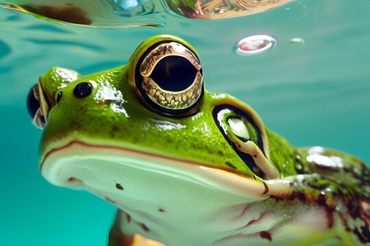 frog under water, close-up