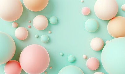 Abstract background of different size balls and different colours on green background with space for text